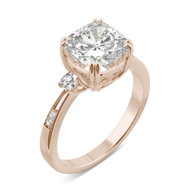 2.54 CTW DEW Cushion Forever One Moissanite Solitaire with Side Accents Engagement Ring in 14K Rose Gold