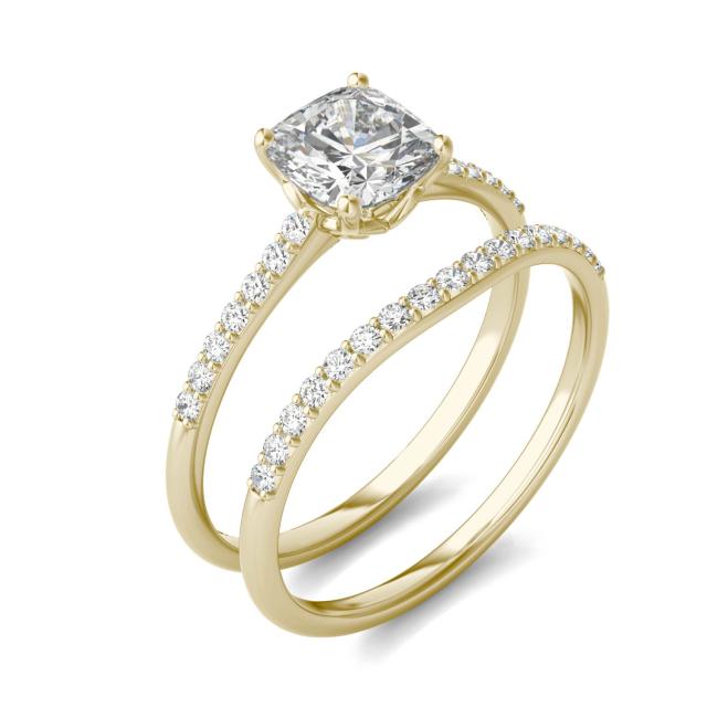 1.33 CTW DEW Cushion Forever One Moissanite Signature Bridal Set with Side Stones Ring in 14K Yellow Gold