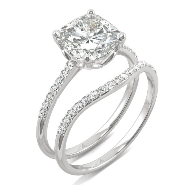 2.60 CTW DEW Cushion Forever One Moissanite Signature Bridal Set Cushion with Side Stones Ring in Platinum