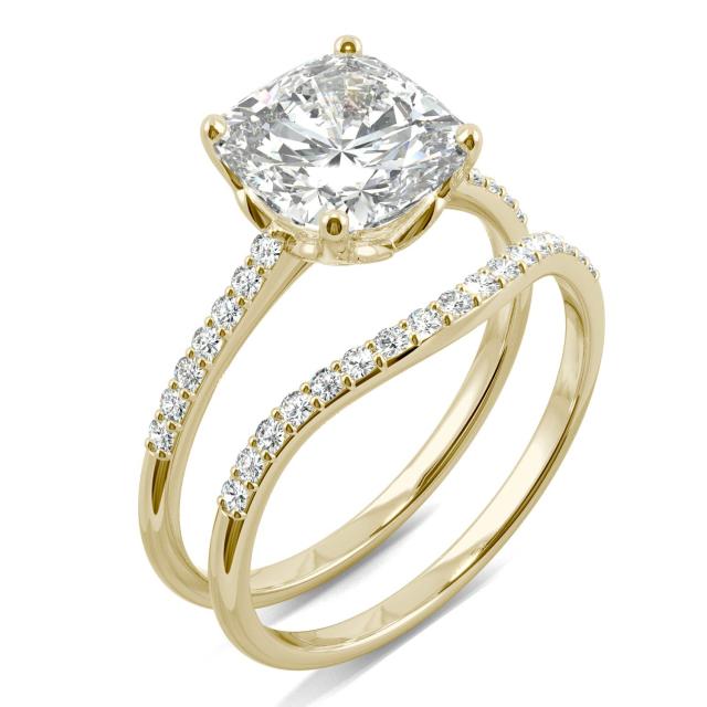 2.60 CTW DEW Cushion Forever One Moissanite Signature Bridal Set with Side Stones Ring in 14K Yellow Gold