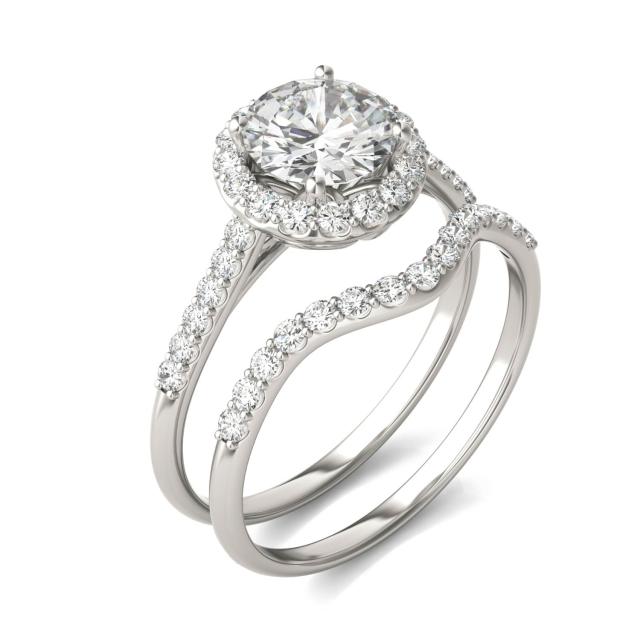 1.49 CTW DEW Round Forever One Moissanite Signature Halo Bridal Set Ring in 14K White Gold