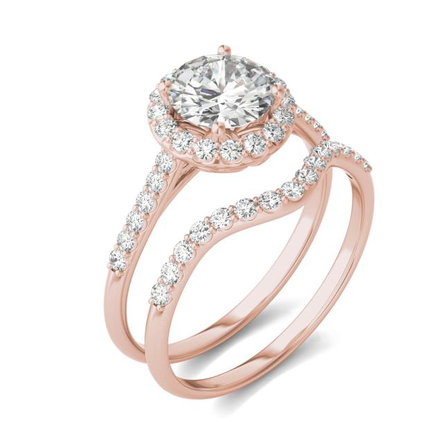 1.49 CTW DEW Round Forever One Moissanite Signature Halo Bridal Set Ring in 14K Rose Gold