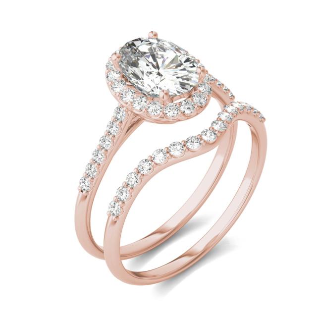 1.96 CTW DEW Oval Forever One Moissanite Signature Bridal Set with Side Stones Ring in 14K Rose Gold