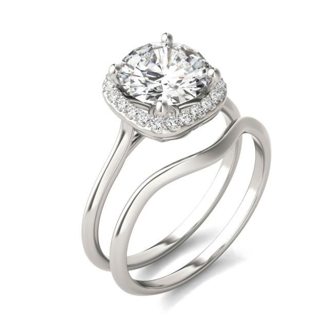 2.53 CTW DEW Cushion Forever One Moissanite Signature Halo Bridal Set Ring in 14K White Gold