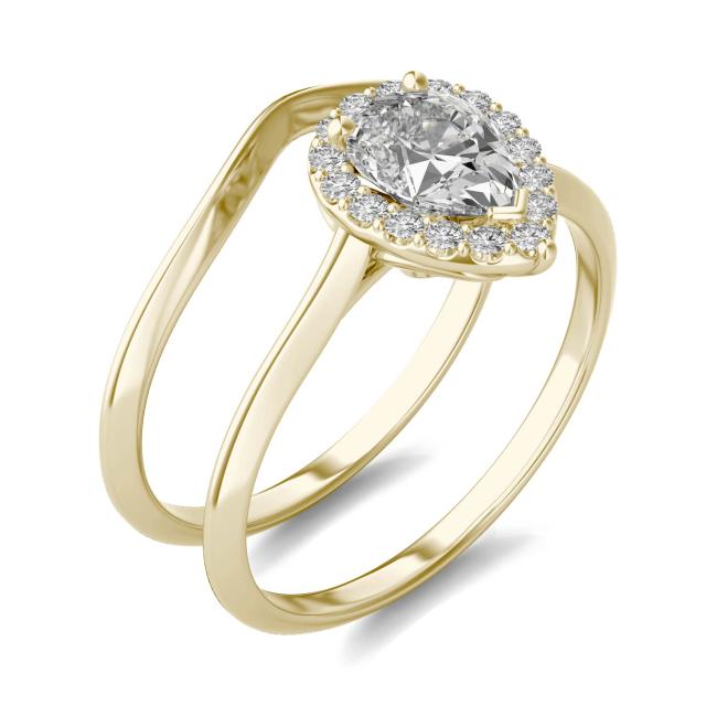 1.12 CTW DEW Pear Forever One Moissanite Signature Halo Bridal Ring in 14K Yellow Gold
