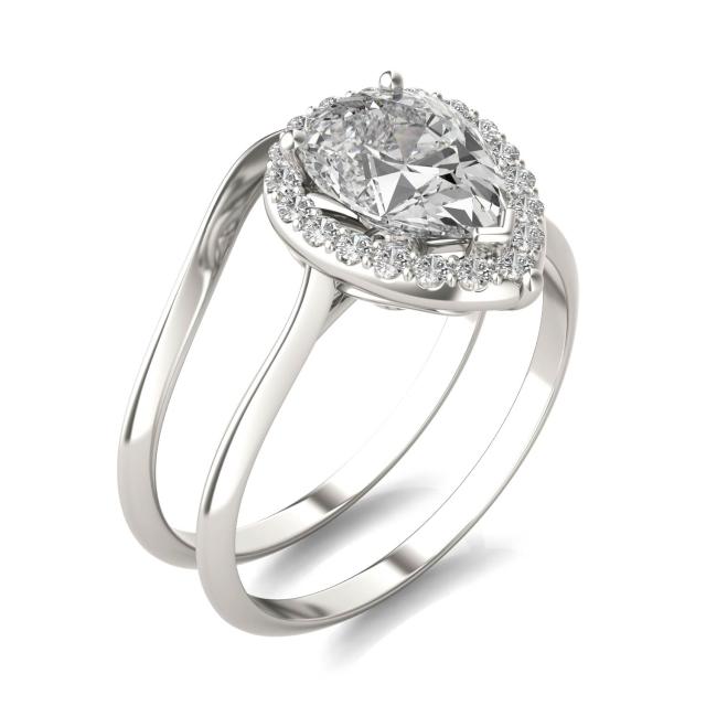1.71 CTW DEW Pear Forever One Moissanite Signature Halo Bridal Set Ring in 14K White Gold