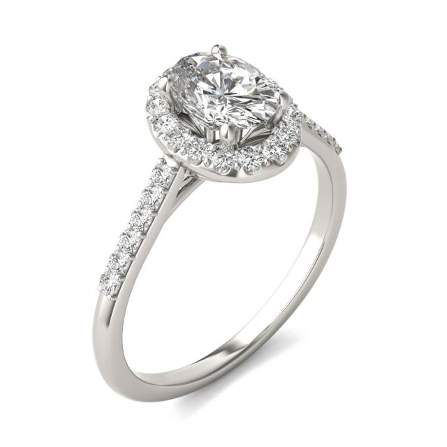 1.19 CTW DEW Oval Forever One Moissanite Signature Halo with Side Accents Engagement Ring in 14K White Gold