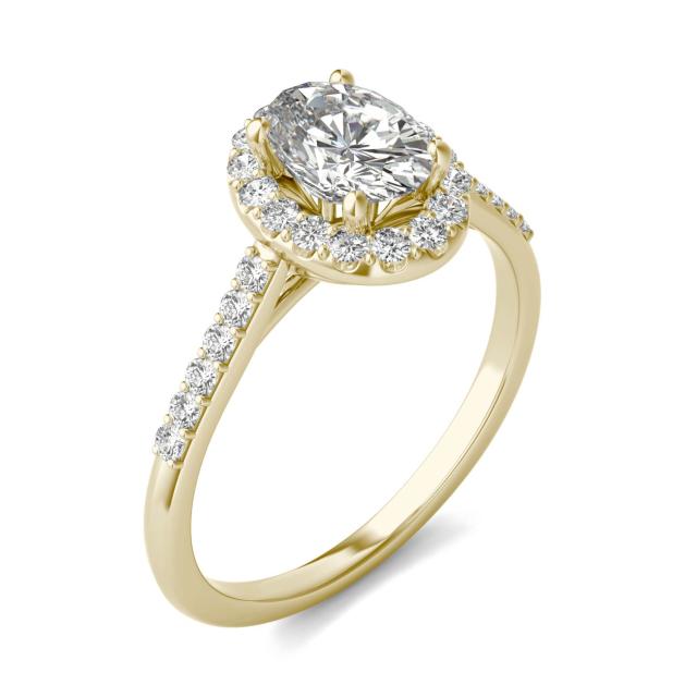 1.19 CTW DEW Oval Forever One Moissanite Signature Halo with Side Accents Engagement Ring in 14K Yellow Gold