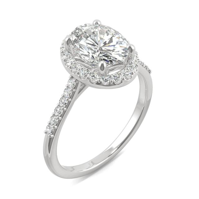 2.57 CTW DEW Oval Forever One Moissanite Signature Halo with Side Accents Engagement Ring in 14K White Gold