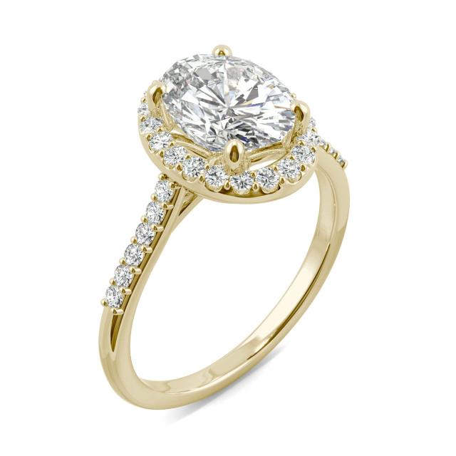 2.57 CTW DEW Oval Forever One Moissanite Signature Halo with Side Accents Engagement Ring in 14K Yellow Gold