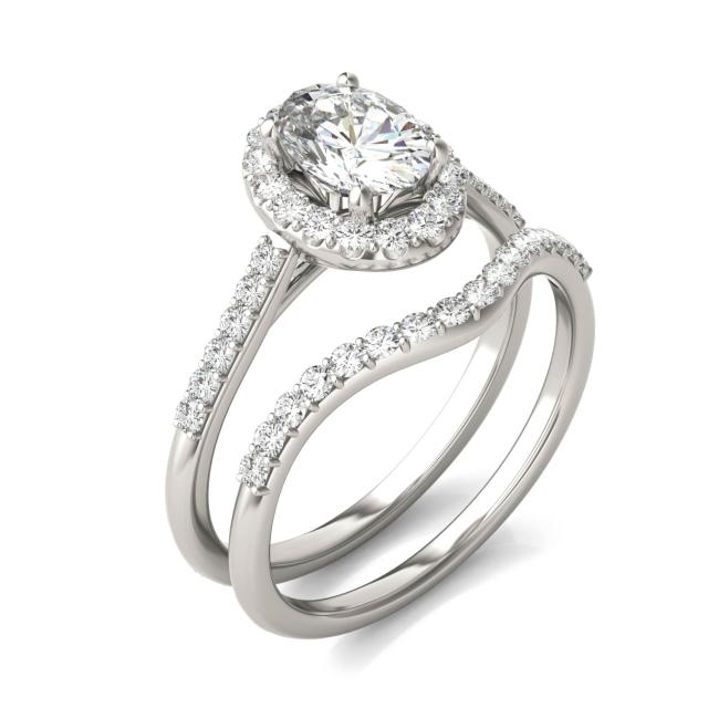 1.36 CTW DEW Oval Forever One Moissanite Signature Bridal Set with Side Stones Ring in 14K White Gold