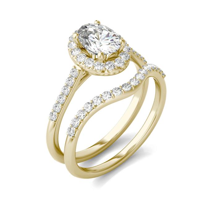 1.36 CTW DEW Oval Forever One Moissanite Signature Bridal Set with Side Stones Ring in 14K Yellow Gold