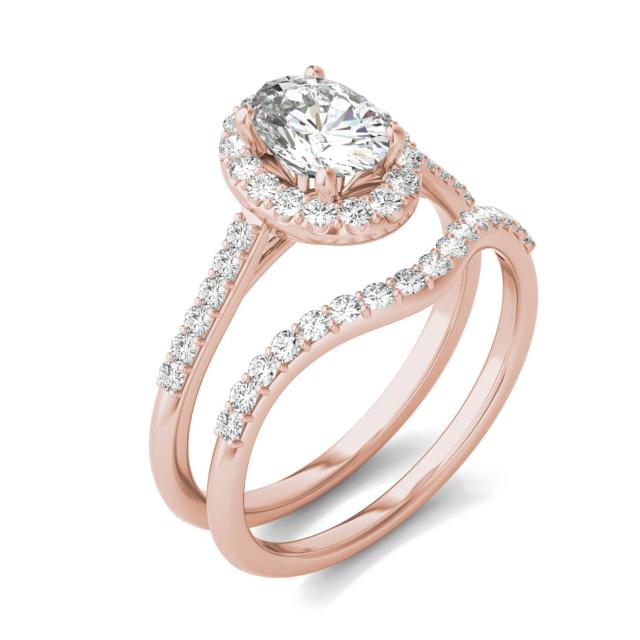 1.36 CTW DEW Oval Forever One Moissanite Signature Bridal Set with Side Stones Ring in 14K Rose Gold