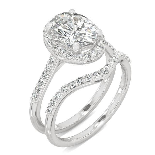2.61 CTW DEW Oval Forever One Moissanite Signature Bridal Set with Side Stones Ring in 14K White Gold