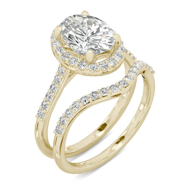 2.61 CTW DEW Oval Forever One Moissanite Signature Bridal Set with Side Stones Ring in 14K Yellow Gold