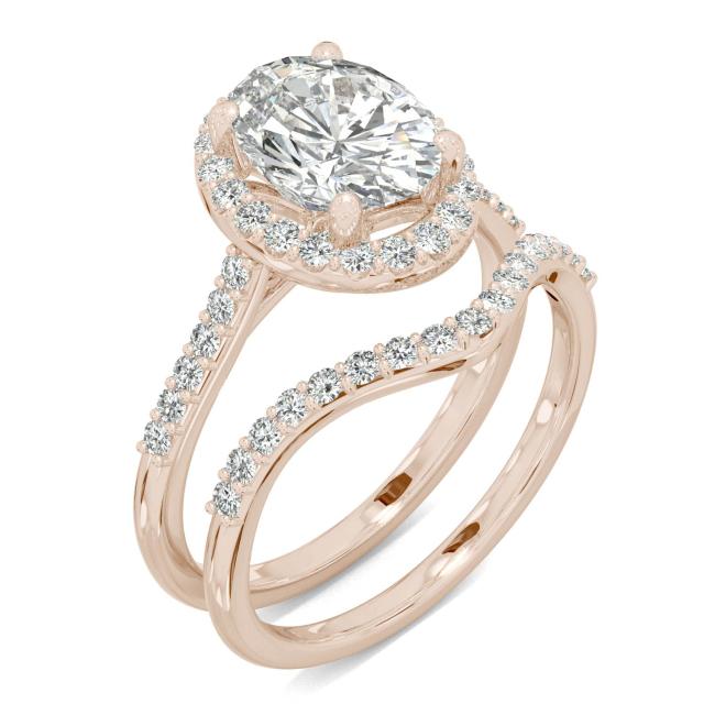 2.61 CTW DEW Oval Forever One Moissanite Signature Bridal Set with Side Stones Ring in 14K Rose Gold