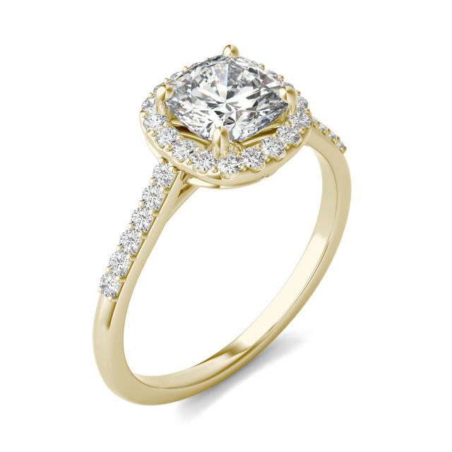 1.60 CTW DEW Cushion Forever One Moissanite Signature Halo with Side Stones Ring in 14K Yellow Gold