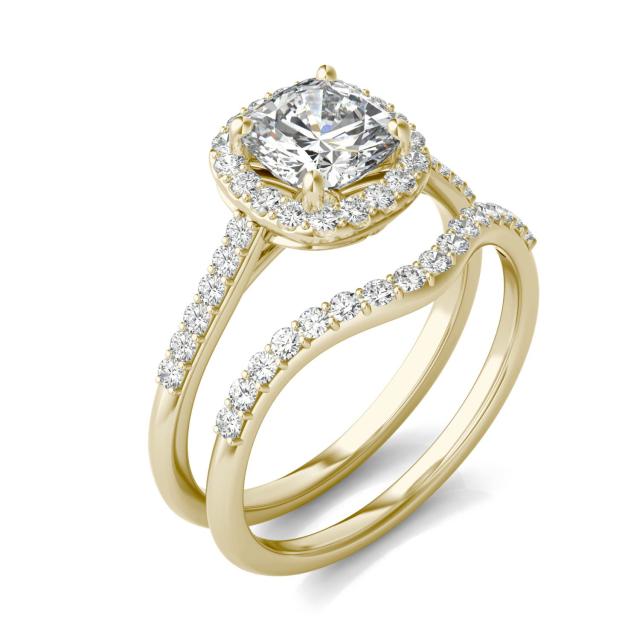 1.76 CTW DEW Cushion Forever One Moissanite Signature Halo with Sides Bridal Ring in 14K Yellow Gold