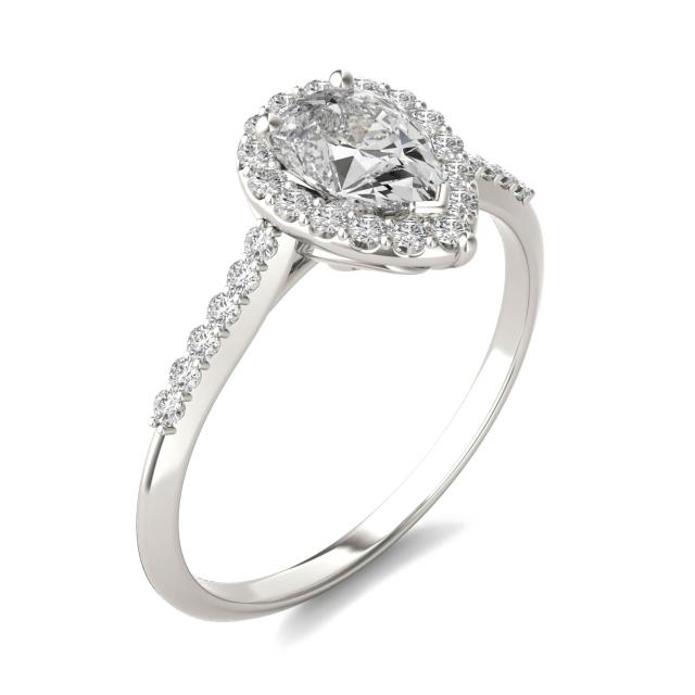 1.24 CTW DEW Pear Forever One Moissanite Signature Halo Engagement Ring in 14K White Gold