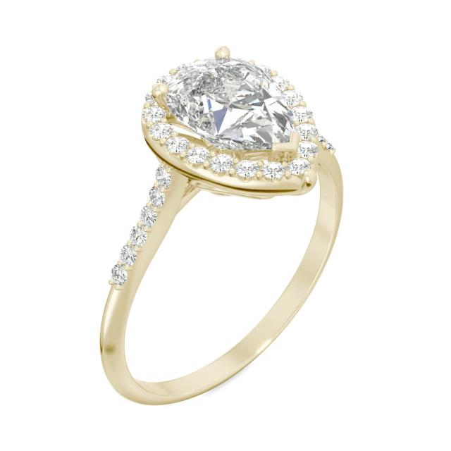 1.84 CTW DEW Pear Forever One Moissanite Signature Halo with Side Stones Engagement Ring in 14K Yellow Gold