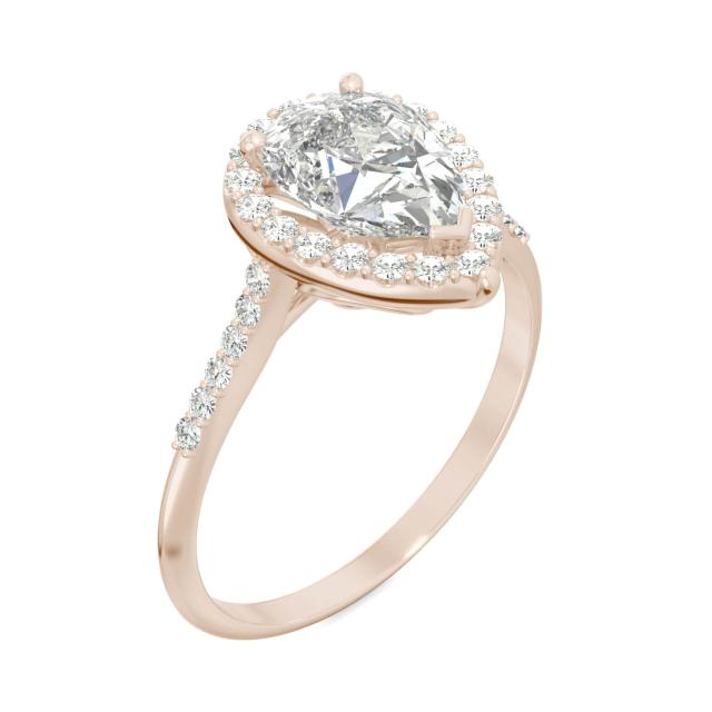 1.84 CTW DEW Pear Forever One Moissanite Signature Halo with Side Stones Engagement Ring in 14K Rose Gold