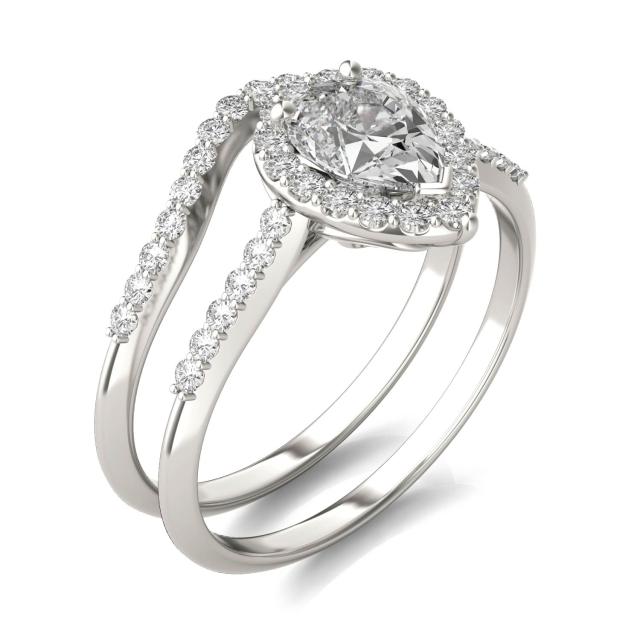 1.40 CTW DEW Pear Forever One Moissanite Signature Halo with Sides Bridal Ring in 14K White Gold