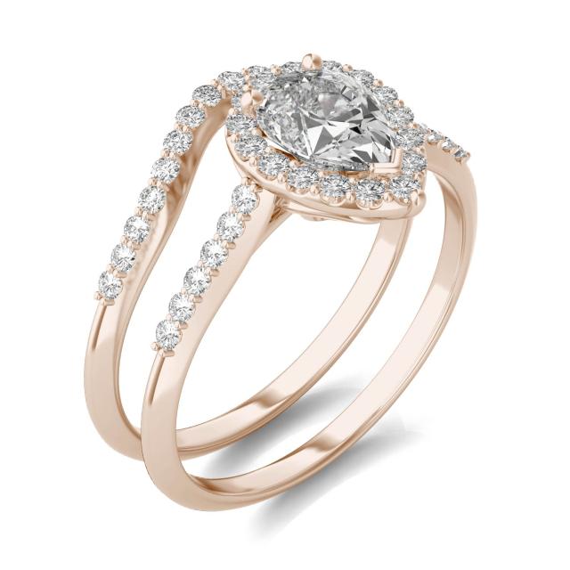 1.40 CTW DEW Pear Forever One Moissanite Signature Halo with Sides Bridal Ring in 14K Rose Gold