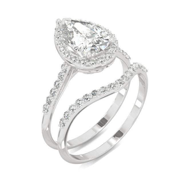 2.00 CTW DEW Pear Forever One Moissanite Signature Halo with Side Stones Bridal Set Ring in 14K White Gold