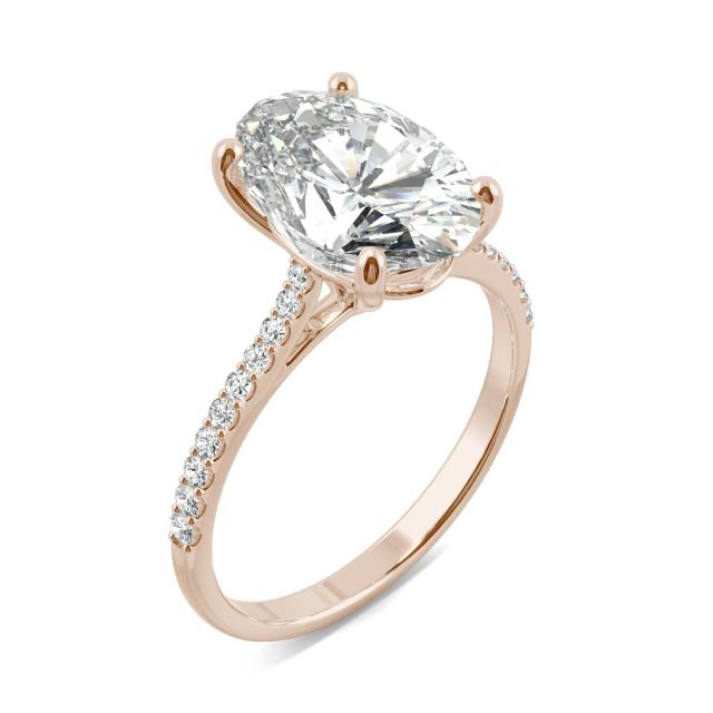 4.58 CTW DEW Elongated Oval Forever One Moissanite Side-Stone Engagement Ring in 14K Rose Gold