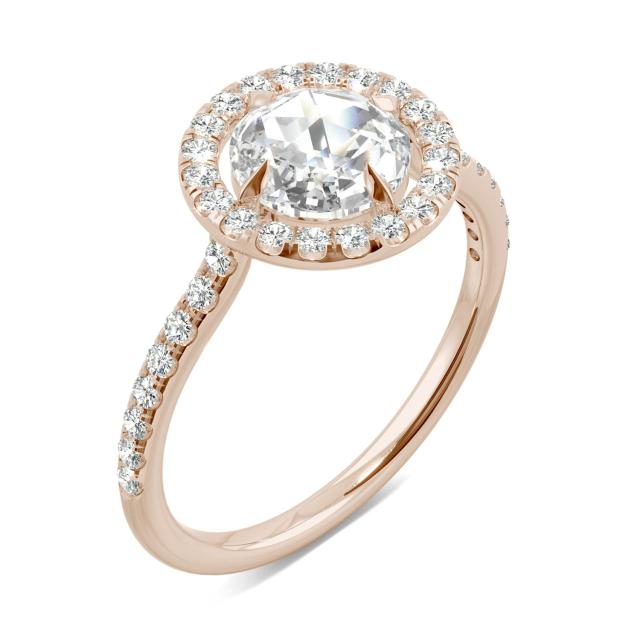 1.56 CTW DEW Round Forever One Moissanite Duet Rose Halo Ring in 14K Rose Gold