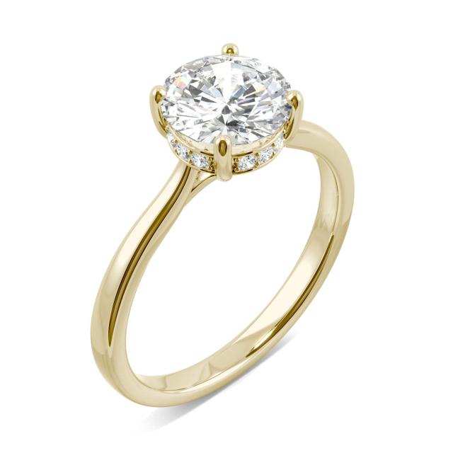 1.68 CTW DEW Round Forever One Moissanite Hidden Halo Cathedral Solitaire Ring in 14K Yellow Gold