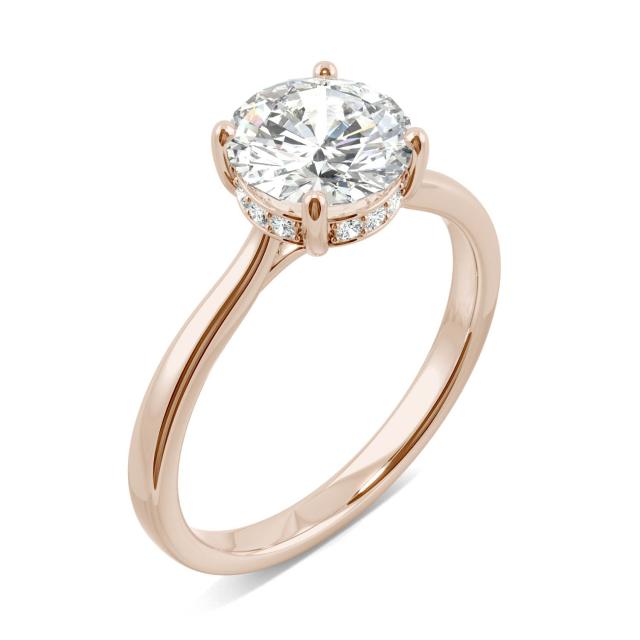 1.68 CTW DEW Round Forever One Moissanite Hidden Halo Cathedral Solitaire Ring in 14K Rose Gold