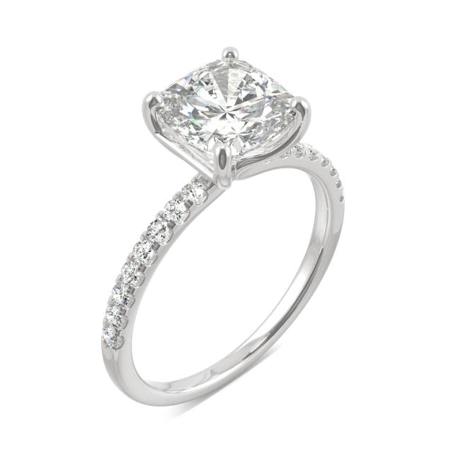 2.52 CTW DEW Cushion Forever One Moissanite Side Stone Engagement Ring in 14K White Gold