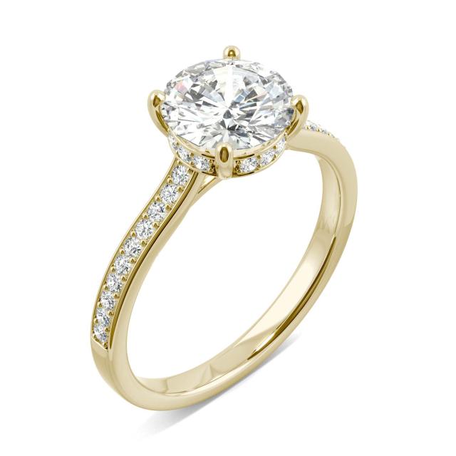 1.84 CTW DEW Forever One Round Moissanite Hidden Halo with Side Accents Engagement Ring in 14K Yellow Gold