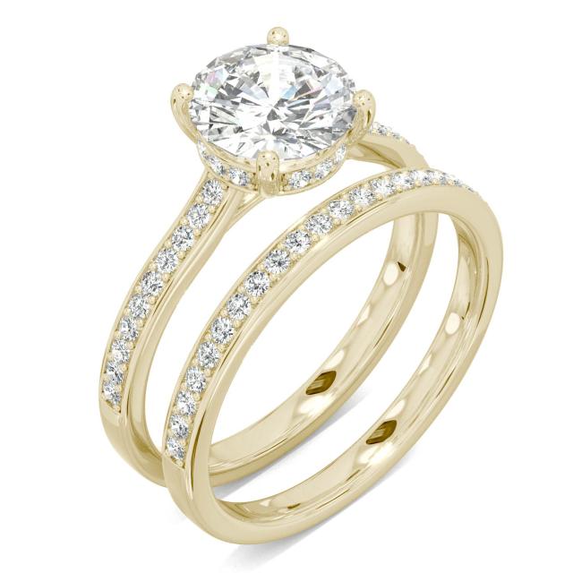 2.02 CTW DEW Round Forever One Moissanite Hidden Halo with Side Accents Bridal Set Ring in 14K Yellow Gold