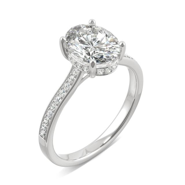 2.37 CTW DEW Oval Forever One Moissanite Hidden Halo with Side Accents Engagement Ring in 14K White Gold