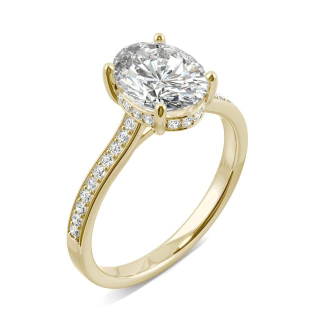 2.37 CTW DEW Oval Forever One Moissanite Hidden Halo with Side Accents Engagement Ring in 14K Yellow Gold