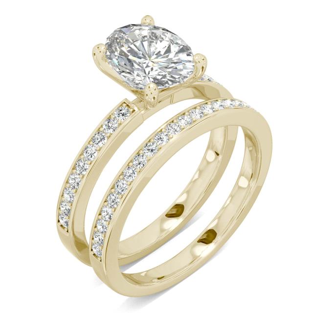 2.51 CTW DEW Oval Forever One Moissanite Bead Set Channel Bridal Set Ring in 14K Yellow Gold