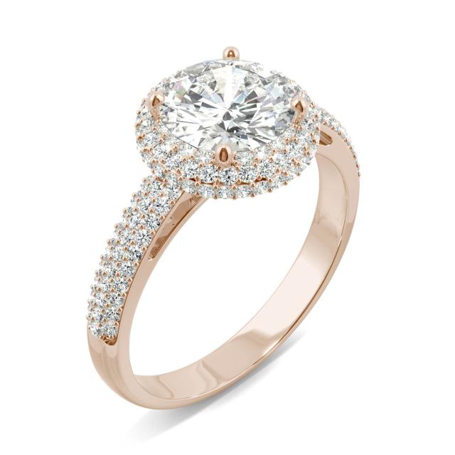 2.45 CTW DEW Round Forever One Moissanite Three Row Pave Halo Ring in 14K Rose Gold