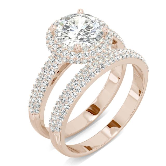 2.94 CTW DEW Round Forever One Moissanite Three Row Pave Halo Wedding Set in 14K Rose Gold