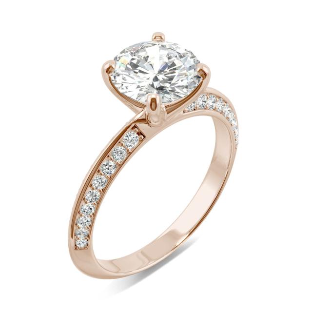 2.28 CTW DEW Round Forever One Moissanite Knife Edge Accented Engagement Ring in 14K Rose Gold
