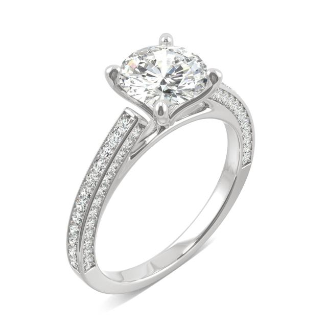 2.19 CTW DEW Round Forever One Moissanite Cathedral Three Side Accented Engagement Ring in 14K White Gold