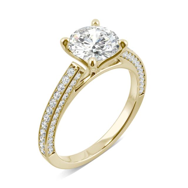 2.19 CTW DEW Round Forever One Moissanite Cathedral Three Side Accented Engagement Ring in 14K Yellow Gold