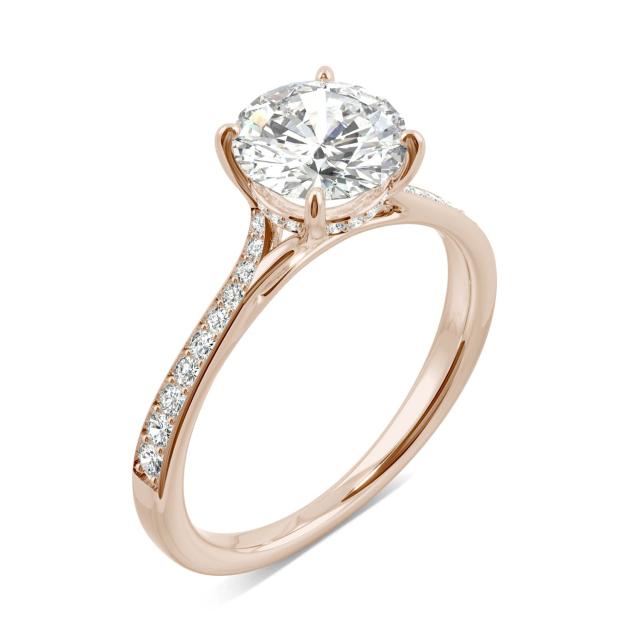 1.74 CTW DEW Round Forever One Moissanite Side-Stone with Hidden Halo Ring in 14K Rose Gold