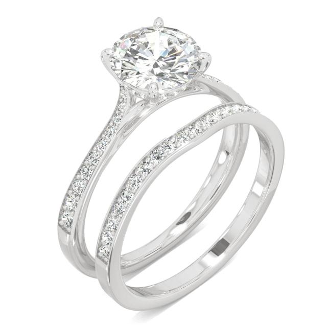 1.91 CTW DEW Round Forever One Moissanite Side-Stone Bridal Set with Hidden Halo Ring in 14K White Gold