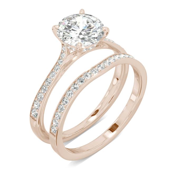 1.91 CTW DEW Round Forever One Moissanite Side-Stone Bridal Set with Hidden Halo Ring in 14K Rose Gold