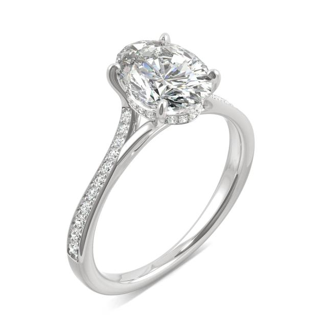 2.25 CTW DEW Oval Forever One Moissanite Side Stone Engagement Ring with Hidden Halo Ring in 14K White Gold