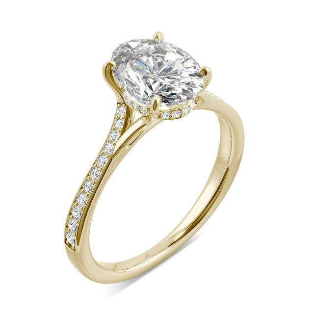 2.25 CTW DEW Oval Forever One Moissanite Side Stone Engagement Ring with Hidden Halo Ring in 14K Yellow Gold