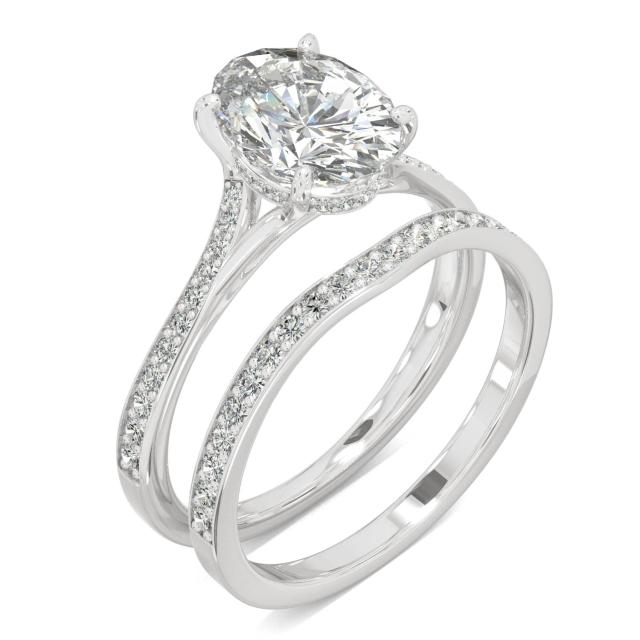 2.43 CTW DEW Oval Forever One Moissanite Side Stone with Hidden Halo Bridal Set Ring in 14K White Gold