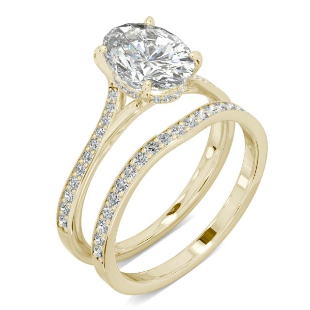 2.43 CTW DEW Oval Forever One Moissanite Side Stone with Hidden Halo Bridal Set Ring in 14K Yellow Gold